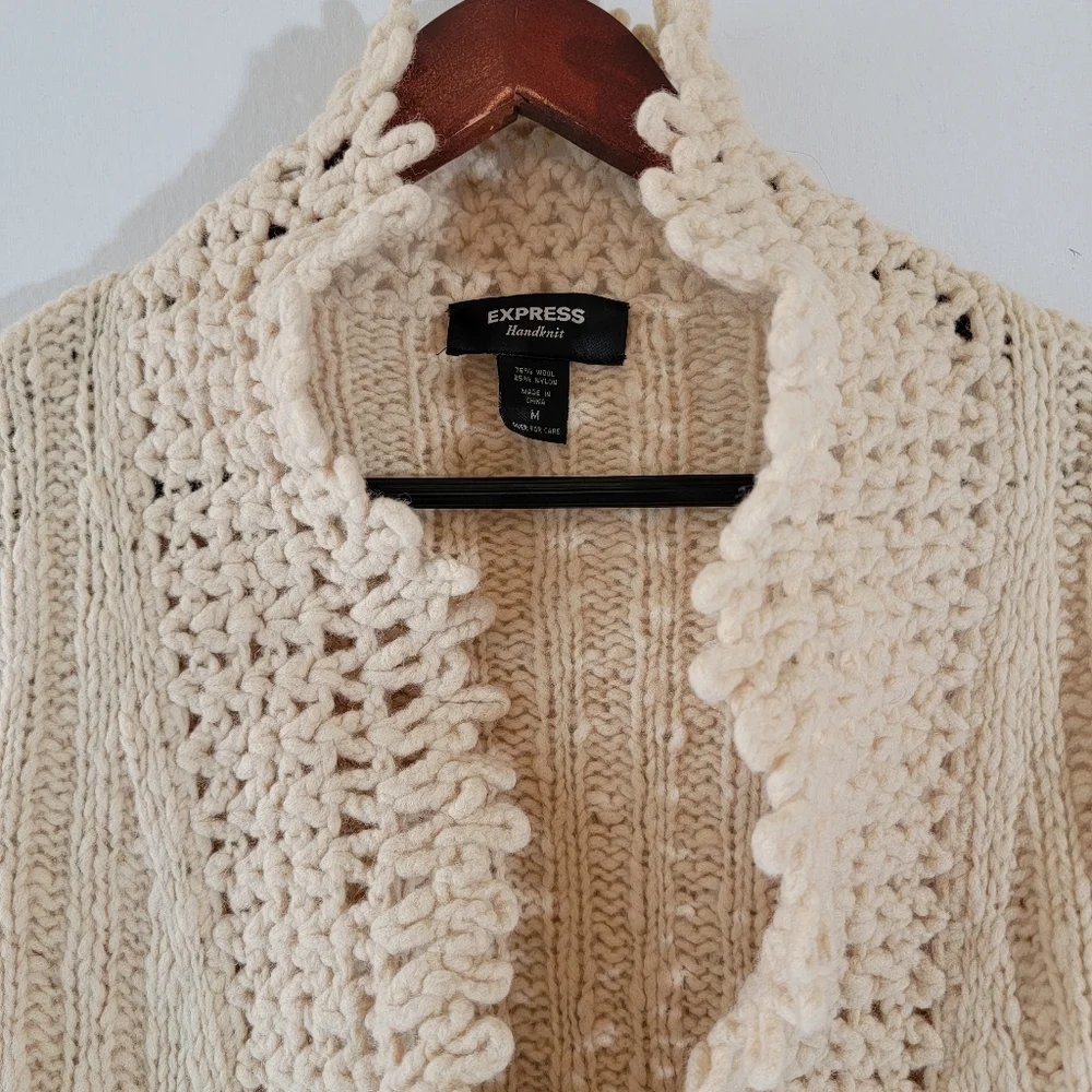 VTG EXPRESS Handknit Tan Wool Blend Cardigan M Eyelet Y2K Cottagecore Festival